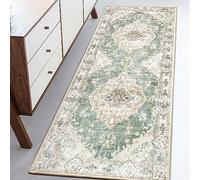 MUJOO Hallway Runner Rug - Machine Washable Non Slip Boho Green Runner for Hallways, Entryway, Kitchen, Bathroom, Bedside - Retro Soft Low-Pile 2'x6' Blossom