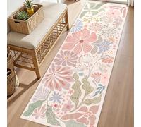 MUJOO Pink Washable 2x6 Runner Rugs for Hallway Kitchen Bedside,Floral Long Area Rug for Bedroom Bathroom Laundry Room Floor Non Slip Carpet Throw Rug Boho Modern Abstract Botanical Flower