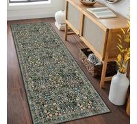 MUJOO Washable Runner Rug,Floral 2x6 Runners for Hallway Kitchen Bedroom Bedside Bathroom Laundry Room,Long Non Slip Throw Carpet Boho Indoor Botanical Vintage Ultra-Thin Black and Green