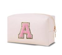 Muka Small Letter Makeup Bag with Zipper A-Z Cosmetic Bag PU Leather Travel Toiletry Pouch with Chenille Letter- White S