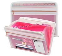 Mukawa 13 Pocket Zippered Expanding File, Zippered Accordion File Organizer, Accordion Folder with Zipper for Documents Letter Size A4 Papers (Pink)