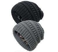 Mukeyo 2 Pack Womens Satin Lined Beanie Hat Winter Knitted Silk Lining Hat Slouchy Cable Skull Cap, Black & Grey, One Size