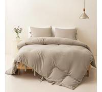 MUKKA Duvet Cover Queen Size 3 Pieces Sets Beige Boho Chic, Tan Khaki Farmhouse Bowknot, Sand Soft & Easy Care Washed Microfiber Cream Bohemian Bedding Sets with Ties