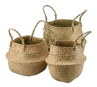MUKLEI 3 PCS Seagrass Belly Basket, 3 Size Woven Seagrass Plant Pot with Handles, Laundry Basket for Living Room,Bedroom,Bathroom, Shelves