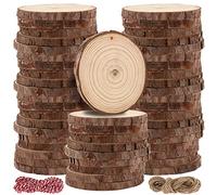 MUKLEI 50 PCS 9-10cm Natural Wood Slices, Round Log Slices with Hole, Predrilled Wood Craft Slices Unfinished Wooden Circles for Craft, DIY, Arts, Coasters, Christmas Ornament, with Twine Rope