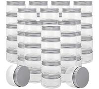 MUKLEI 50PCS 30ml Clear Plastic Jars with Silver Aluminium Lid, Mini Plastic Sample Jar, Wide Mouth Storage Containers Travel Jars for Creams, Glitter, DIY Small Arts Crafts, Spice,Nuts, candy