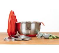 Mukmamu Mixing Bowl Set with Lids, Graters, Handles and Bonus Kitchen Tools - 3 Stainless Steel Bowls (1.5qt, 2.7qt, 4.5qt) with Silicone Bases - No-Slip, Easy Storage, Dishwasher Safe (Red)