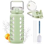 MUKOKO 64oz glass water bottles with Straw and Lid,half gallon water bottle with Time Marker,Large Glass Water Jug with Silicone Sleeve and Stainless Steel Handle-Green