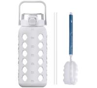 MUKOKO Half Gallon/64 oz Glass Water Bottles with Straw and Lid,Motivational Water Jug with Time Marker Reminder and Silicone Sleeve,100% Leakproof BPA Free Fitness Sports Large Bottle-White