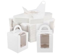 MUKSEUT 100 PCS Individual Cupcake Boxes, White Single Cake Boxes with Clear Window Insert, 1 Hole Cupcake Boxes with Handle for Wedding Birthday Party Packaging Cupcakes and Muffins