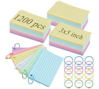 MUKSEUT 1200Pcs A7 3x5 Inhch Flash Cards Revision, Ruled Index Cards, Colour Record Cards, Lined Index Crads with Metal Binder Ring for Office Home Learning Study