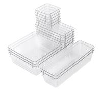 MUKSEUT 16 Pack Drawer Organiser, 4 Size Clear Makeup Organizer Trays, Utensil Cutlery Set Divider for Cosmetics, Jewellery and Kitchen Storage