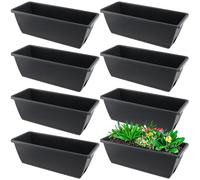 MUKSEUT 8PCS 17 Inch Black Window Boxes with Drainage Holes and Trays, Resin Flower Window Box Planter, Rectangle Planters for Windowsill, Patio, Garden, Home Decor, Porch Yard