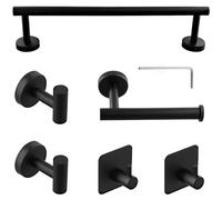 MUKSEUT Bathroom Accessories Set of 6, 40CM Black Towel Rail, Toilet Roll Holder, Self Adhesive and Wall Mounted Hooks, Bathroom Hardware Kit for Bathroom Kitchen