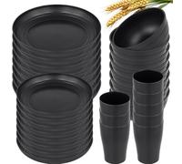 MUKSEUT Set 8 in Unbreakable Black Plastic Dinnerware, 32 Pcs Dinner Plates, Bowls, Salad Plates, Cups for Camping, Picnic, Party, Microwave & Dishwasher Safe