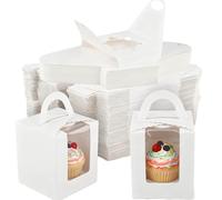 MUKSUET 100 PCS Individual Cupcake Boxes, White Single Cake Boxes with Clear Window Insert, 1 Hole Cupcake Boxes with Handle for Wedding Birthday Party Packaging Cupcakes and Muffins