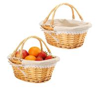 MUKSUET 2 PCS 33x23x12 cm Honey Colour Wicker Basket, Woven Basket with Double Folding Handles and Fabric Lining, Wicker Storage Basket for Picnic Packing