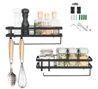 MUKSUET 2 PCS Black Spice Rack Wall Mounted, Spice Rack with Paper Towel Holder Roll and Hooks, Mental Kitchen Spice Organizer for Kitchen Bathroom, 35x12x5.7 cm