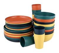 MUKSUET 32 Piece Unbreakable Plastic Dinnerware Set, Multicolor Dinner Plates, Salad Plates, Bowls and Cups for Camping, Picnic and Party, Microwave and Dishwasher Safe