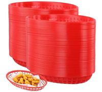 MUKSUET 80 Pcs 24x15.5x4.2CM Red Food Basket, Plastic Chip Baskets, Reusable Plastic Oval Food Basket for Party Picnics, Fries, Sweets, Fruit, Snacks