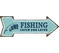 Mukuko Decor Gone Fishing Sign, Outdoor Wall Decor for Beach, Cabin, Man Cave, Bar, Lake House, 6" x 18" Arrow Tin Metal Sign - Gone Fishing Catch You Later