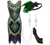 Mukum Women's Flapper Dress 1920s Vintage Fringed Sequin Dress Great Gatsby 1920s dresses Set for Women Christmas Party, Green Gold, X-Small