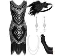 Mukum Women's Flapper Dress 1920s Vintage Fringed Sequin Dress Great Gatsby 1920s dresses Set for Women Christmas Party, Black Silver, X-Large