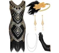 Mukum Women's Flapper Dress 1920s Vintage Fringed Sequin Dress Great Gatsby 1920s dresses Set for Women Christmas Party, Black Gold, Small