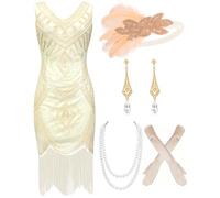 Mukum Women's Flapper Dress 1920s Vintage Fringed Sequin Dress Great Gatsby 1920s dresses Set for Women Christmas Party, Beige, 3XL