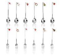 Mulaibdin 12 Pcs Christmas Cutlery, Dessert Spoons & Cake Forks Set, Xmas Teaspoons Stainless Steel, Latte Spoons Silver with Christmas Pendants, Ice Cream Spoon Metal for Party,Home,Kitchen,Gifts