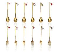 Mulaibdin 12 Pcs Christmas Cutlery, Dessert Spoons & Cake Forks Set, Xmas Teaspoons Stainless Steel, Latte Spoons Gold with Christmas Pendants, Ice Cream Spoon Metal for Party,Home,Kitchen,Gifts