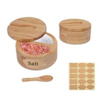 Mulaibdin 2 Pack Salt Cellar with Spoon, Salt Pot with Lid, Salt Container for Kitchen, Wooden Salt Box for Countertop, Salt Dish & Pepper Bowl with Labels Stickers for Spice,Sugar,Gifts (Double)