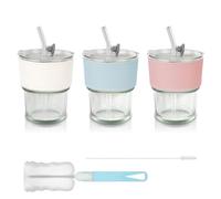 Mulaibdin 3 Pcs Cups With Lids and Straws, Iced Coffee Cup, Mug Set 380ml, Leakproof Glass Tumblers With Bottle Brush, Reusable Bubble Tea Cup for Birthday Gifts (Transparent)