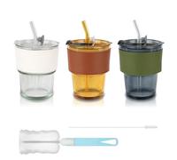 Mulaibdin 3 Pcs Cups With Lids and Straws, Iced Coffee Glass, Mug Set 380ml, Leakproof Tumblers With Bottle Brush, Reusable Bubble Tea Cup for Birthday Gifts (Amber/Grey)