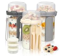 Mulaibdin 3 Pcs Overnight Oats Jar Plastic, Reusable Granola and Yoghurt Pot with Spoon & Fork, Cereal Cup On The Go Container with Sauce Box, Breakfast Pots with Lids for Salads,Fruit,Milk,Porridge