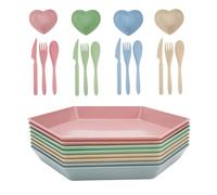 Mulaibdin 8 Pack Plastic Plates Reusable, Unbreakable Dinner Plates 6.6 Inch, Camping Plate with Cutlery & Dipping Bowls, Lightweight & Colourful Plate Set for Kids Adults Party