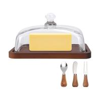 Mulaibdin Glass Butter Dish with Wooden Lid, Airtight Butter Keeper with Butter Knife Spoon Fork, Butter Container for Fridge and Table, Cream Cheese Holder Dishes for Kitchen,Gifts (Walnut)