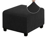 MULARE Stool Covers, Ottoman Slipcovers, Stretch Footstool Cover, Thick Checked Jacquard Fabric with Elastic Bottom, Washable,Black,L
