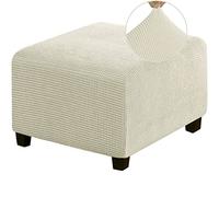 MULARE Stretch Foot Stool Cover, Ottoman Cover, Non-Slip Pouffe Sofa Cover, Thick Checked Jacquard Fabric with Elastic Bottom, Ottoman Slipcovers,Beige,M