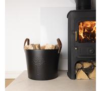 CHARLES BENTLEY Bucket, Snug, Mulberry, Wood Bucket, Timeless Style, Iron, Large Bucket, 6kg Capacity, Real Leather, Iron, Log Bucket, Timeless Style, Contrasting Colour Handles (36x35x31cm)