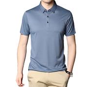 Mulberry Silk Mens Polo Shirts Short Sleeve Solid Silk Casual Thin Male Tops Simple Slim Tees Light Blue