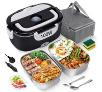 MULBEVD Electric Lunch Box Food Heater 100W, 3-in-1 Fast Heating Adult Lunch Box, 2 Removable 304 Stainless Steel Food Containers, 12V/24V/220V for Car, Truck & Office (Black, 1.5L)