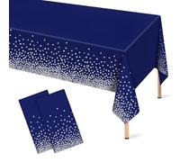 Mulbozy 2 Pcs Navy Blue Plastic Tablecloth Silver Dot Blue Table Cloths, 54×108 inches Disposable DarkBlue Table Cover for Anniversary Friendsgiving Fine Dining Graduation Party Decoration