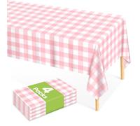 Mulbozy 4 Pcs Pink Gingham Tablecloth 54 × 108 Inches Pink and White Checkered Table Cloth Disposable Plastic Waterproof Tablecover for Outdoor Picnic, Birthday Party, Holiday Dinner