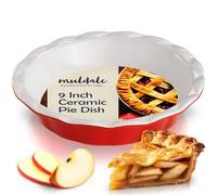 Muldale 9 Inch Ceramic Pie Dish 23cm - Deep Fluted Lead Free Pie Tin for Oven, Apple Crumble, Steak - Red Baking Dish