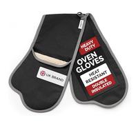 Muldale Black Double Oven Gloves Insulated - Aga Oven Gloves with Thumbs and Terry Towelling - Professional Heavy Duty Pair Mitts for Kitchen - Heat Resistant to 250°C
