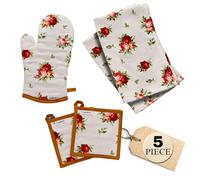 Muldale Floral Oven Mitt and Pot Holders Set - Kitchen Towels and Mittens - 5 Pack - Vintage Decor - Kitchen Textile Linen Sets - Soft and Absorbent - Royal Albert Rose Design
