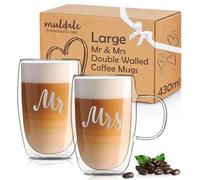 Muldale Mr and Mrs Mugs - Coffee Cup Set - Insulated Borosilicate Glass - 430ml His and Hers Large Latte Glasses - Wedding Gifts for Married Couples