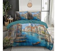MULERN 2 Pcs Reversible Venice Canals Pattern Single Size Duvet Cover Set - Easy Care Soft Breathable Lightweight Comforter City Landscape Quilt Cover with Pillowcases - Azure