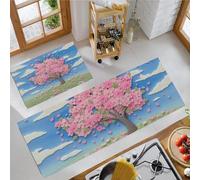 MULERN 2 Piece Non Slip Kitchen Rug Set 40x60cm+40x120cm, Washable Kitchen Mat Sets, Dining Room, Entryway Runner Rugs Set, Oil Painting Standing Mats Carpets Sky Cherry Blossom Trees, Blue Pink